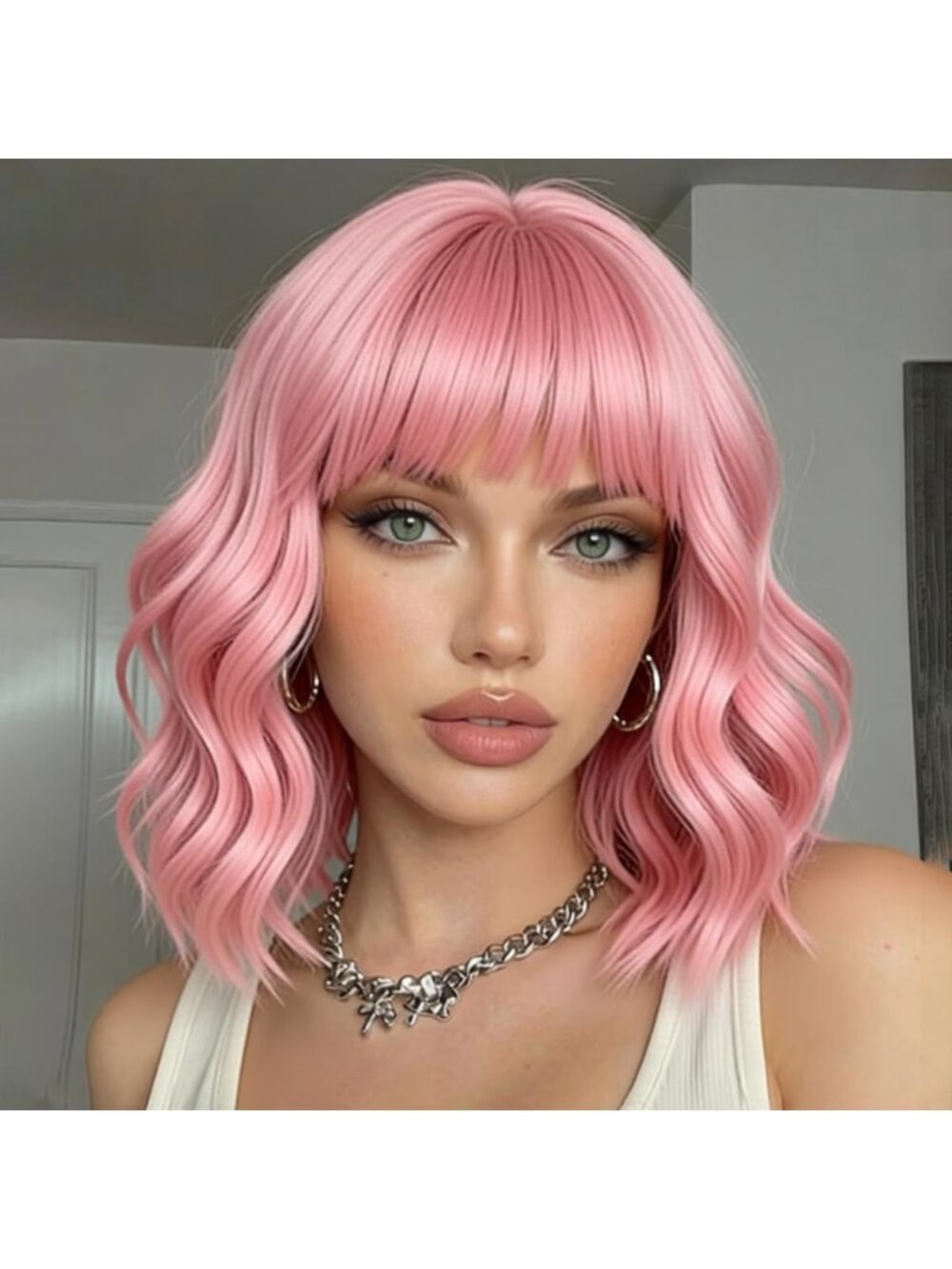 Women's Pink Short Adjustable Wavy Bob Wig with Bangs Cosplay and Party
